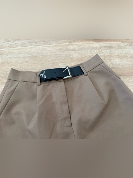 Prada Pants - Prada Brown/Tan Lined Shorts with Blue Logo Tag